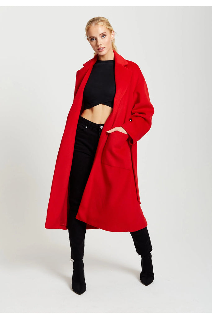 Belted Longline Coat In Red Liquorish