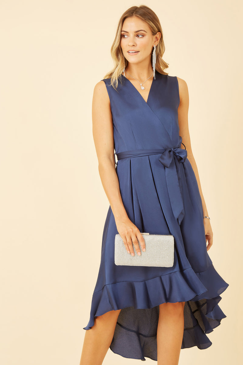 Navy Satin Dipped Hem Wrap Over Midi Dress Mela London