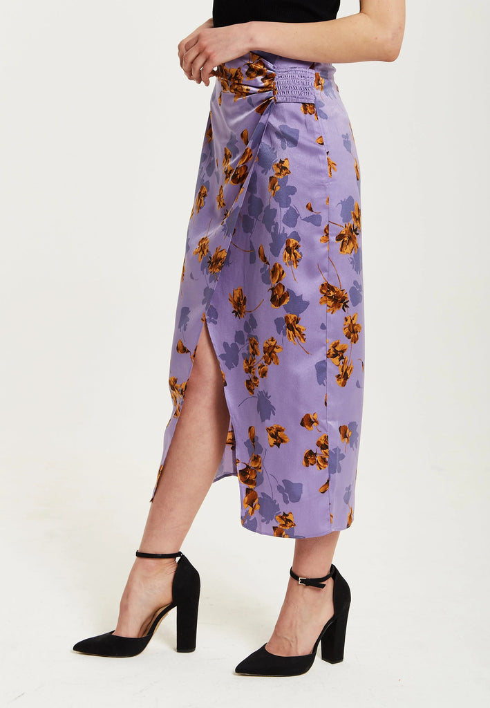 Purple Floral Midi Skirt With Ruching Detail Liquorish