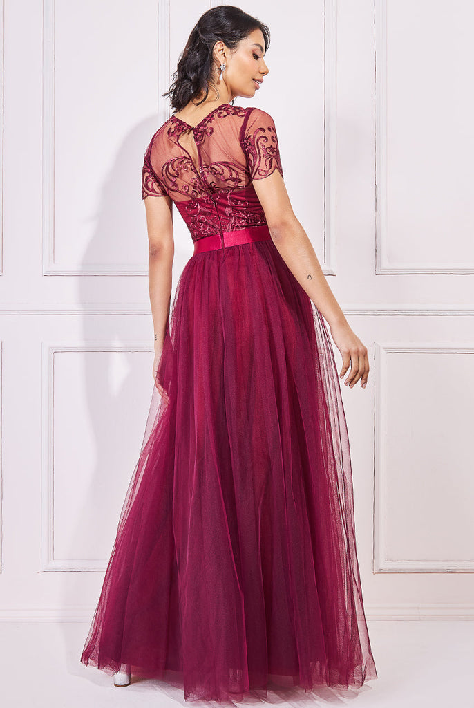 Goddiva Embroidered Mesh With Plain Mesh Maxi Dress Tradegala Goddiva Embroidered Mesh With Plain Mesh Maxi Dress Tradegala