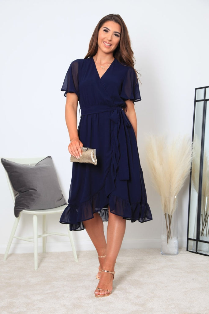 navy chiffon wrap dress TFNC Bridesmaid chiffon wrap midi dress with cowl neck front and back in navy