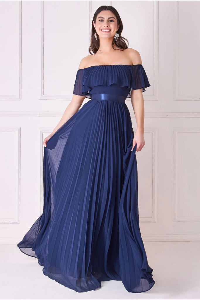 Goddiva Pleated Chiffon Off Shoulder Maxi Dress Tradegala Goddiva Pleated Chiffon Off Shoulder Maxi Dress Tradegala