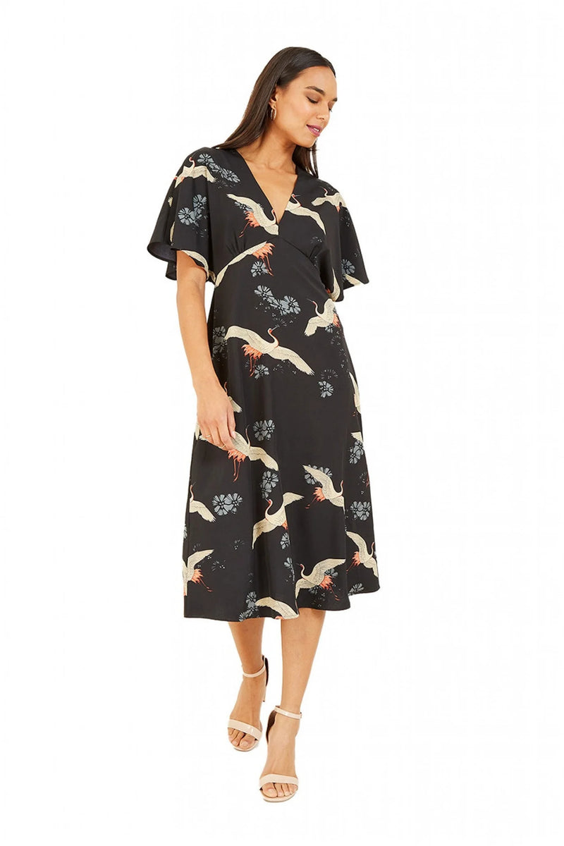 Black Crane Print Midi Dress Yumi