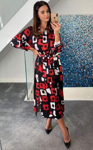 Midi Shirt Dress In Red And Black Print Love and Joy London