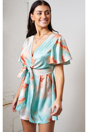 Love Frontrow Blue/orange Marble Print Kimono Sleeve Playsuit Love Frontrow