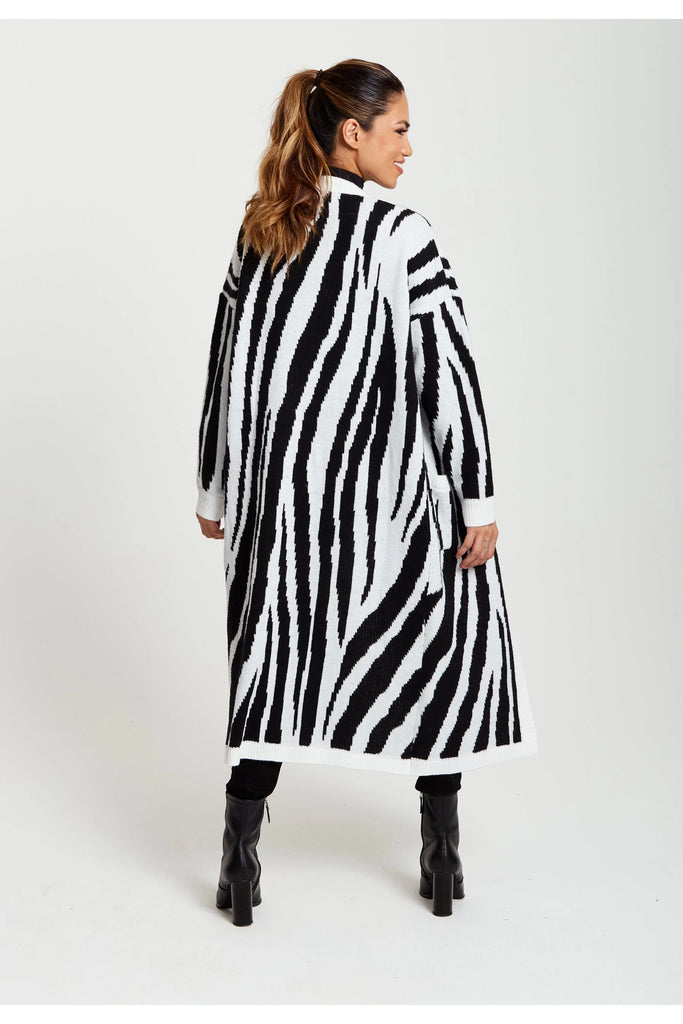 Longline Cardigan In Black And White Zebra Pattern Liquorish
