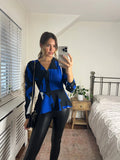 Love And Joy London Graphic Print Peplum Blouse In Blue