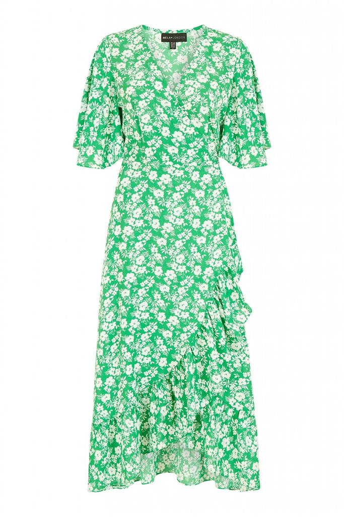 Green Ditsy Daisy Wrap Effect Frill Dress Mela London