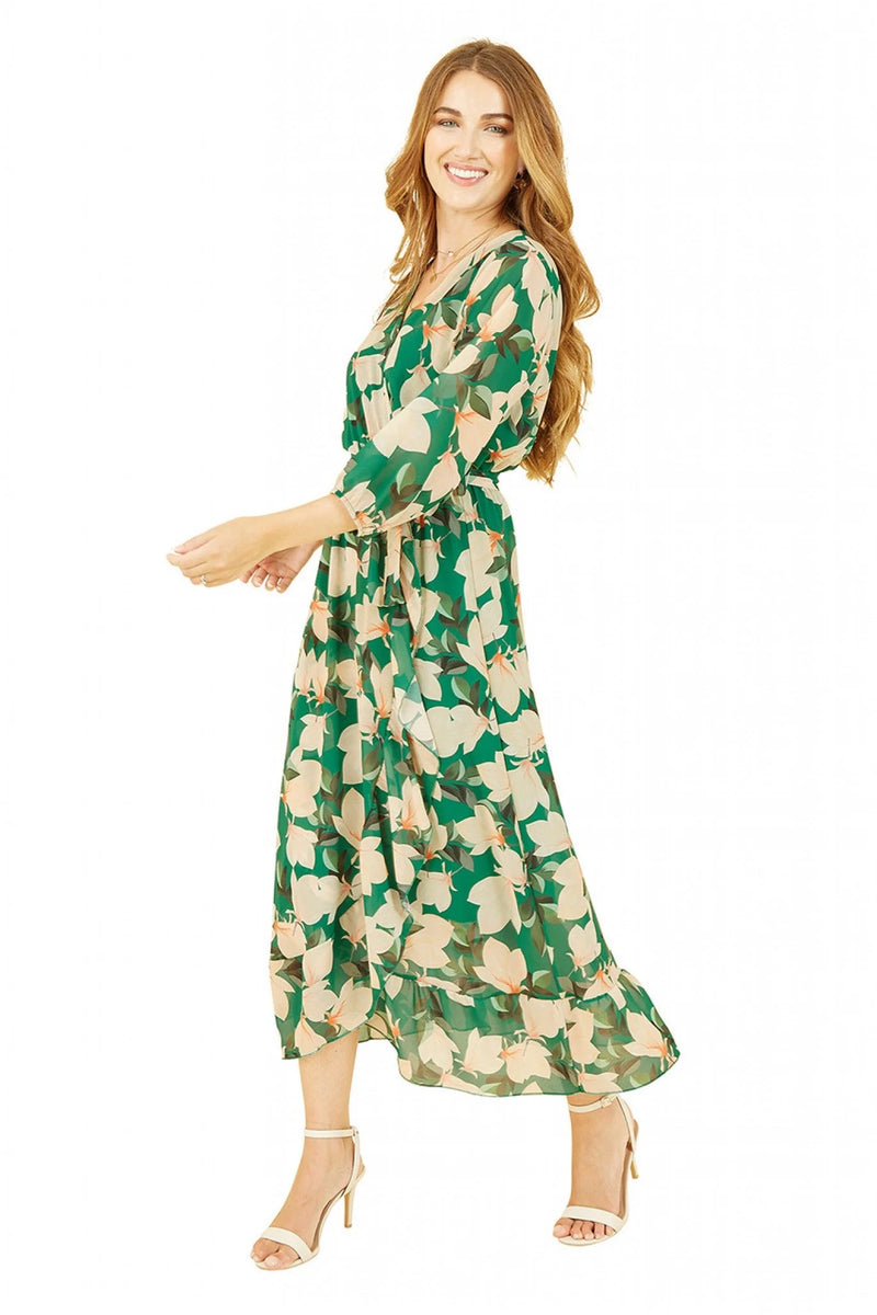 Green Blossom Wrap Midi Dress With 3/4 Sleeves Yumi