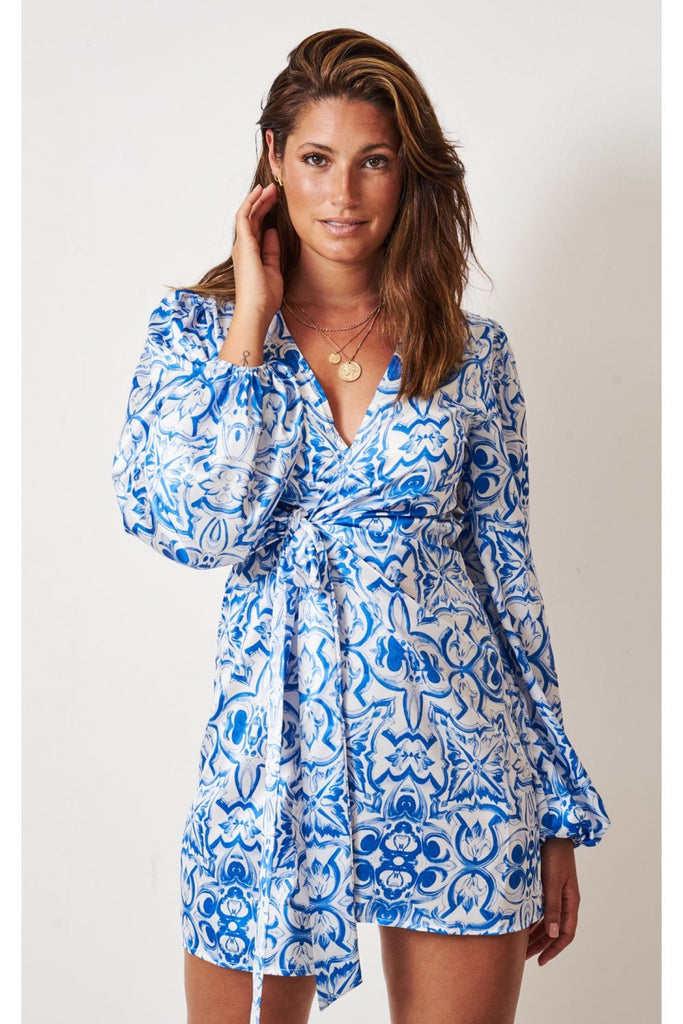 Love Frontrow Blue Porcelain Tile Mini Wrap Dress Tradegala Love Frontrow Blue Porcelain Tile Mini Wrap Dress Tradegala