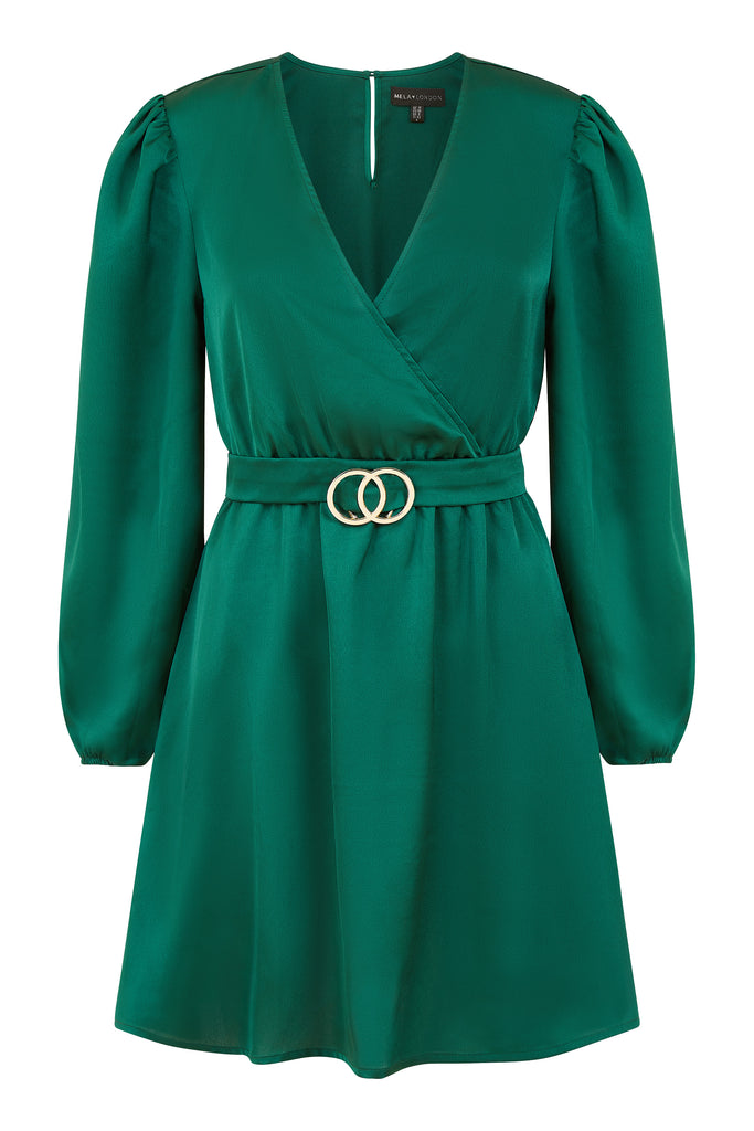 Green Satin Wrap Dress With Long Sleeves Mela London