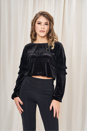 Black Velvet Frill Crop Top With Embroidery Double Second