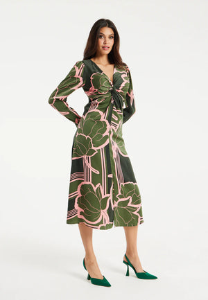 Geometric Floral Knot Front Midi Dress Liquorish