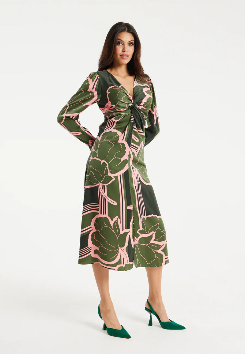 Geometric Floral Knot Front Midi Dress Liquorish