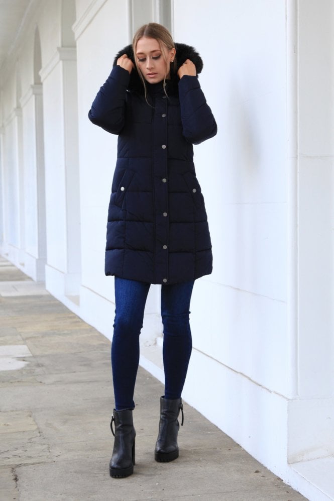 Navy Long Puffer With Fur Collar Double Second