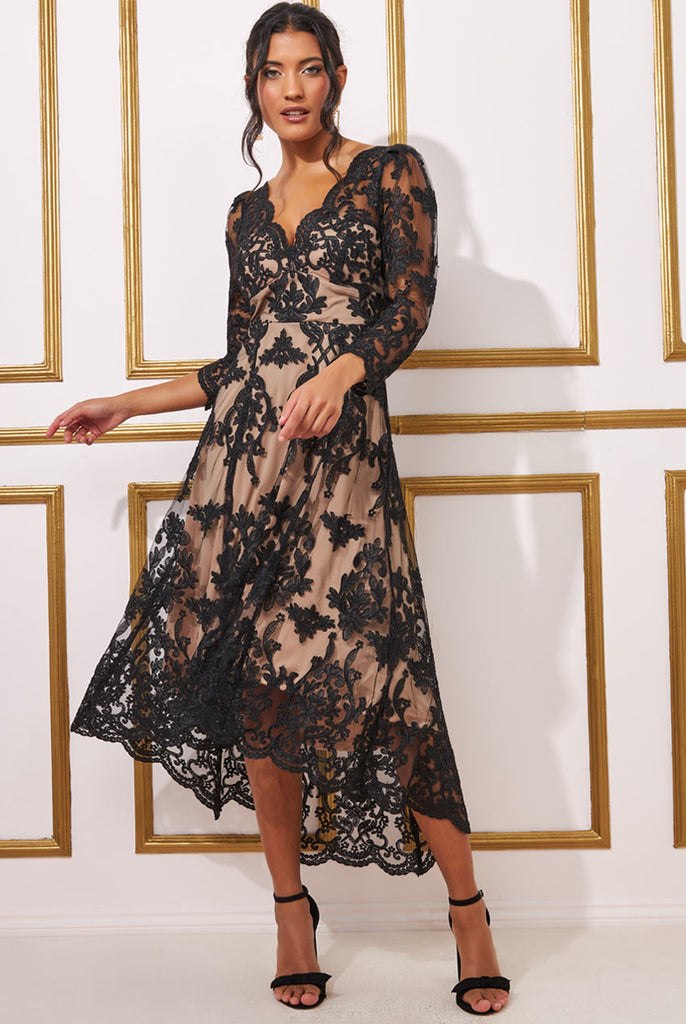 Goddiva Scalloped Lace Dipped Hem Midi Dress Tradegala Goddiva Scalloped Lace Dipped Hem Midi Dress Tradegala