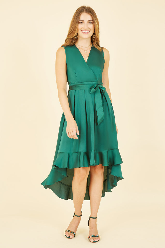 Mela London Green Satin Dipped Hem Wrap Over Midi Dress Tradegala Mela London Green Satin Dipped Hem Wrap Over Midi Dress Tradegala