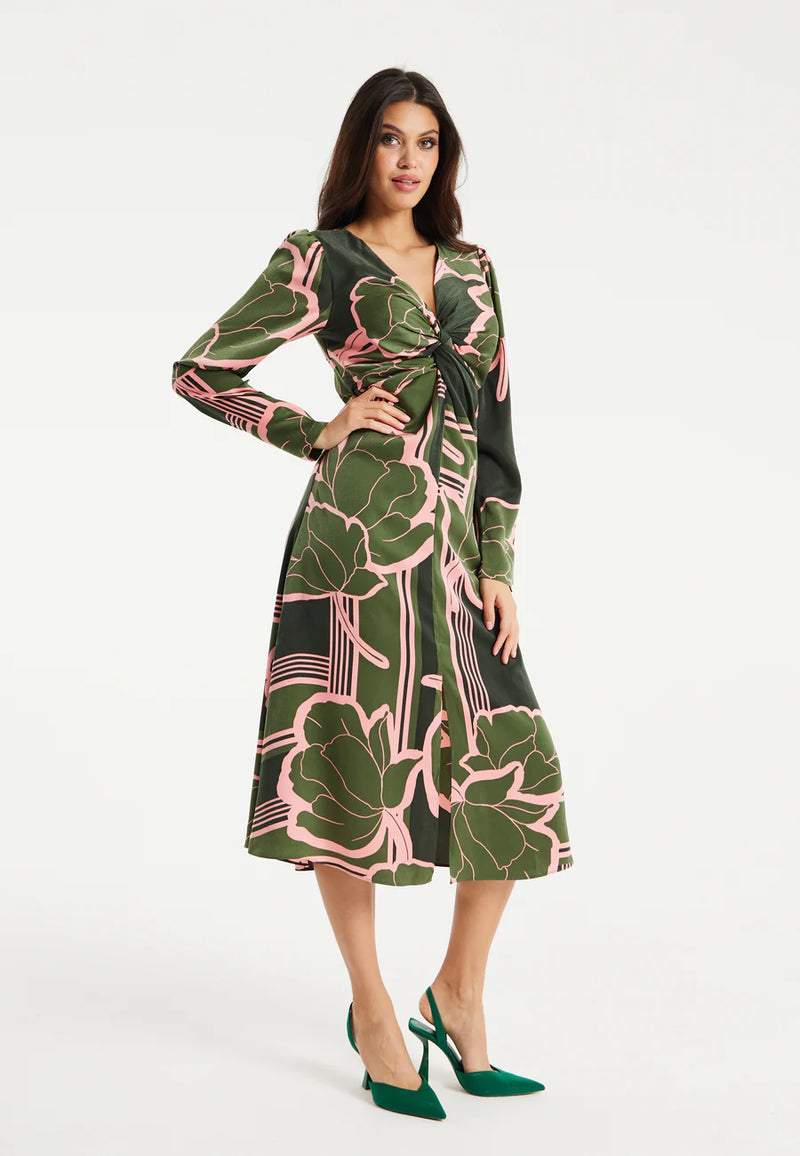 Geometric Floral Knot Front Midi Dress Liquorish