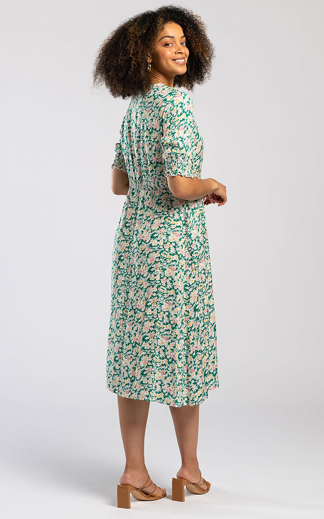 Shirred Waist Midi Dress in Green Blossom Pentlebay Clothing