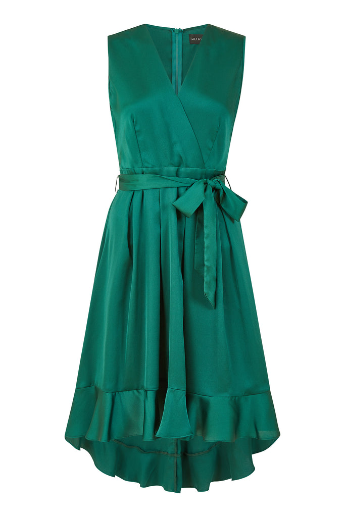 Green Satin Dipped Hem Wrap Over Midi Dress Mela London