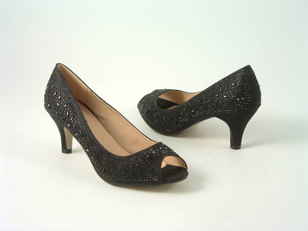 Glitz Shoes Divine Glitter Diamante Mid Heel Peep Toe Court Shoe Glitz Shoes