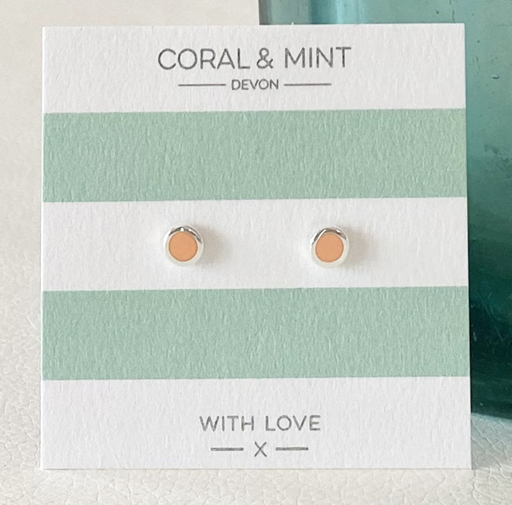 Light Coral enamel circle studs   Coral and Mint