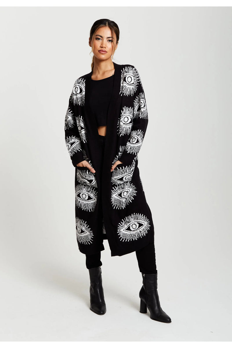 Eye Pattern Longline Cardigan In Black Liquorish