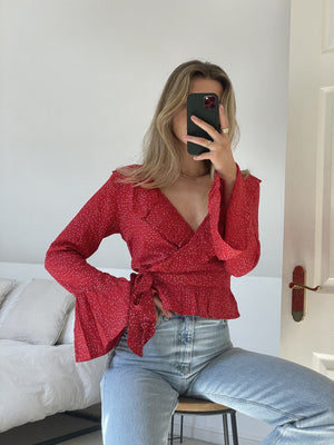 Slaytwins Cassie Polka Dot Wrap Blouse- Red SlayTwins