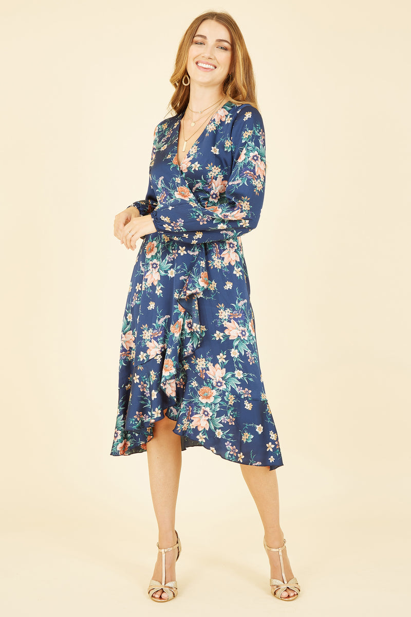 Navy Long Sleeve Floral Print Satin Wrap Dress Mela London
