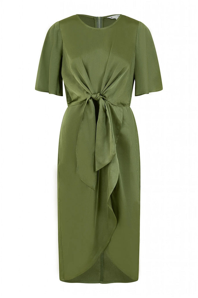 Green Satin Tie Detail Midi Dress Yumi