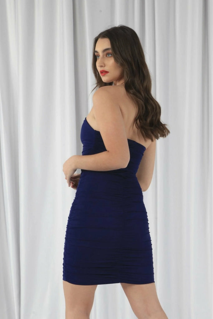 Navy Ruched Bodycon Neck Dress Double Second