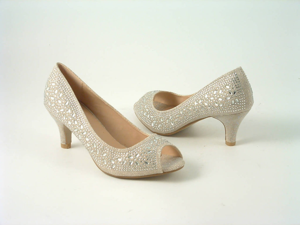Glitz Shoes Divine Glitter Diamante Mid Heel Peep Toe Court Shoe Glitz Shoes