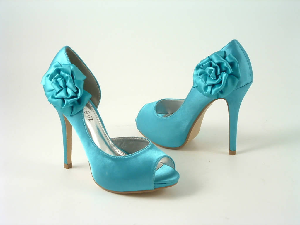 Glitz Shoes Glamour N Glitz Satin Flowered Peep Toe High Heel Court Shoe Glitz Shoes