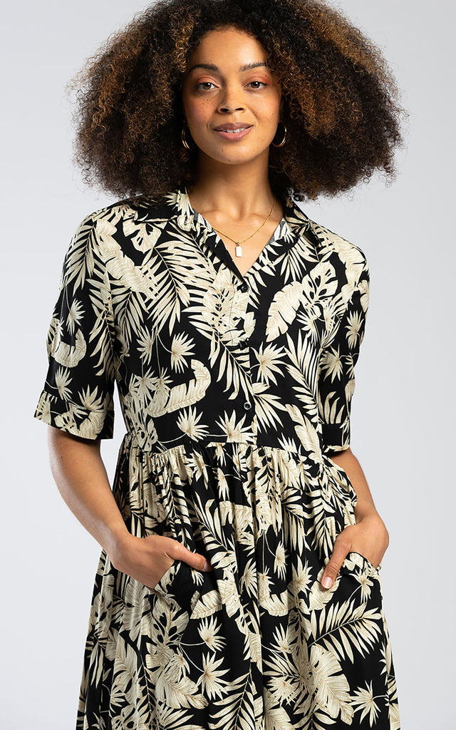 Midi Shirt Dress in Black Leaf Print Pentlebay Clothing