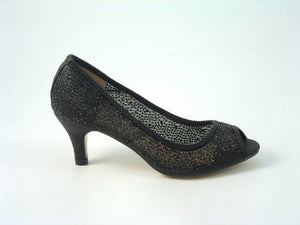 Glitz Shoes Diamante Mesh Peep Toe Court Shoe Low Mid Heel Glitz Shoes