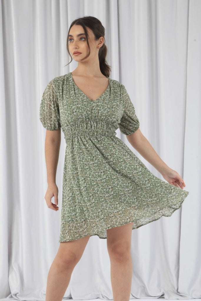 Green Floral Print Mini Dress Double Second