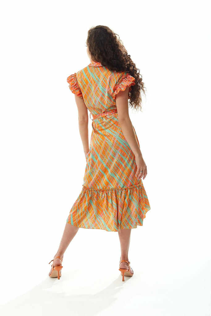 Orange Scribble Print Midi Wrap Dress With Frill Liquorish