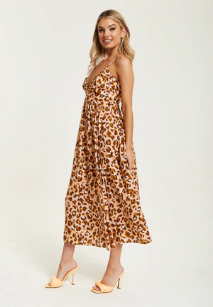 Brown Leopard Strappy Midi Dress With Open Back Liquorish