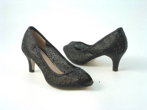 Glitz Shoes Diamante Mesh Peep Toe Court Shoe Low Mid Heel Glitz Shoes