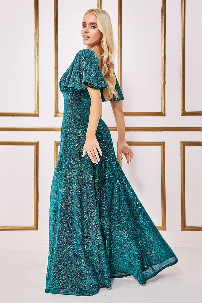 Goddiva Sequin Lurex Flutter Sleeve Maxi Dress - Tealblue / 8 Goddiva Sequin Lurex Flutter Sleeve Maxi Dress - Tealblue / 8