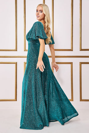 Sequin Lurex Flutter Sleeve Maxi Dress Goddiva