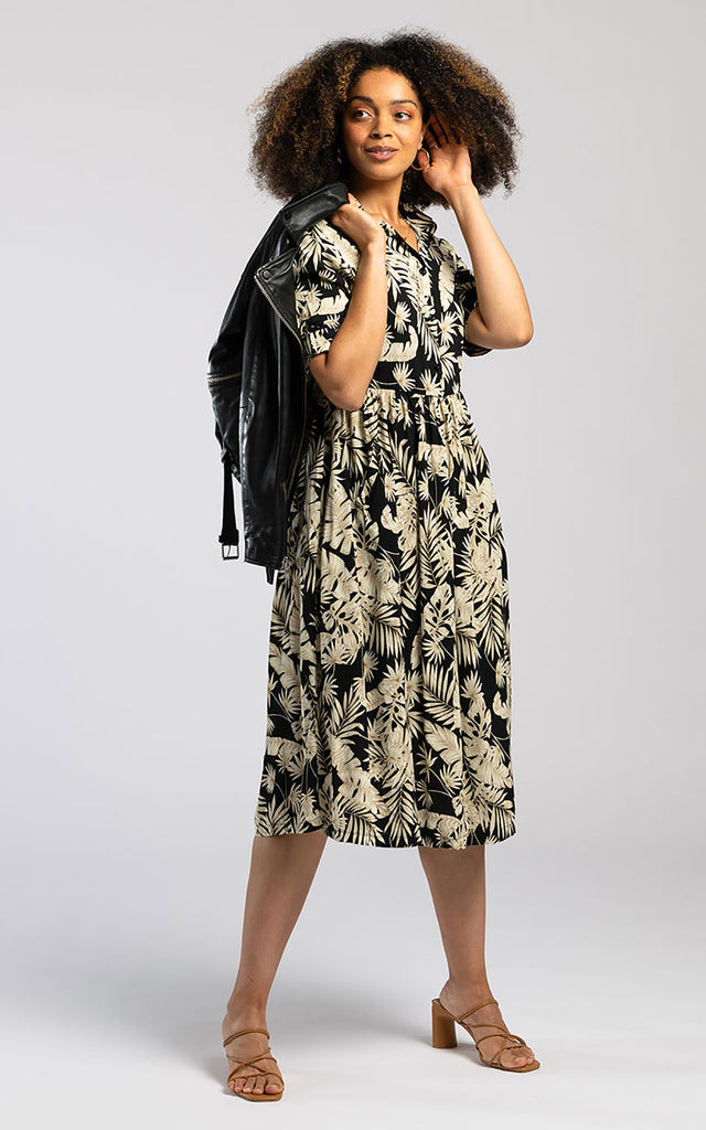 Midi Shirt Dress in Black Leaf Print Pentlebay Clothing