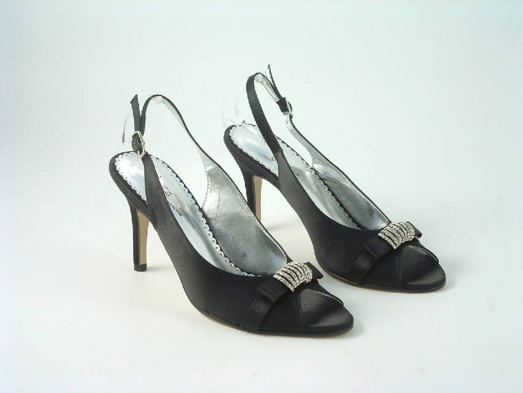 Glitz Shoes Diamante Black Satin Mid Heel Peep Toe Sling Back Shoe Glitz Shoes