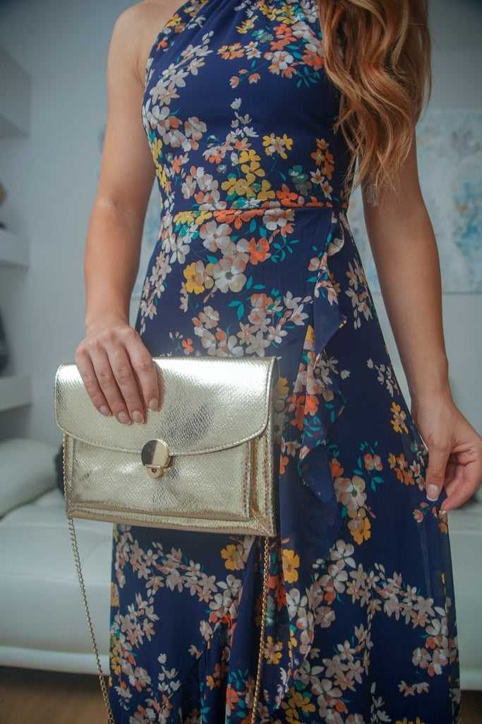 Navy floral print frill detail wrap maxi dress online