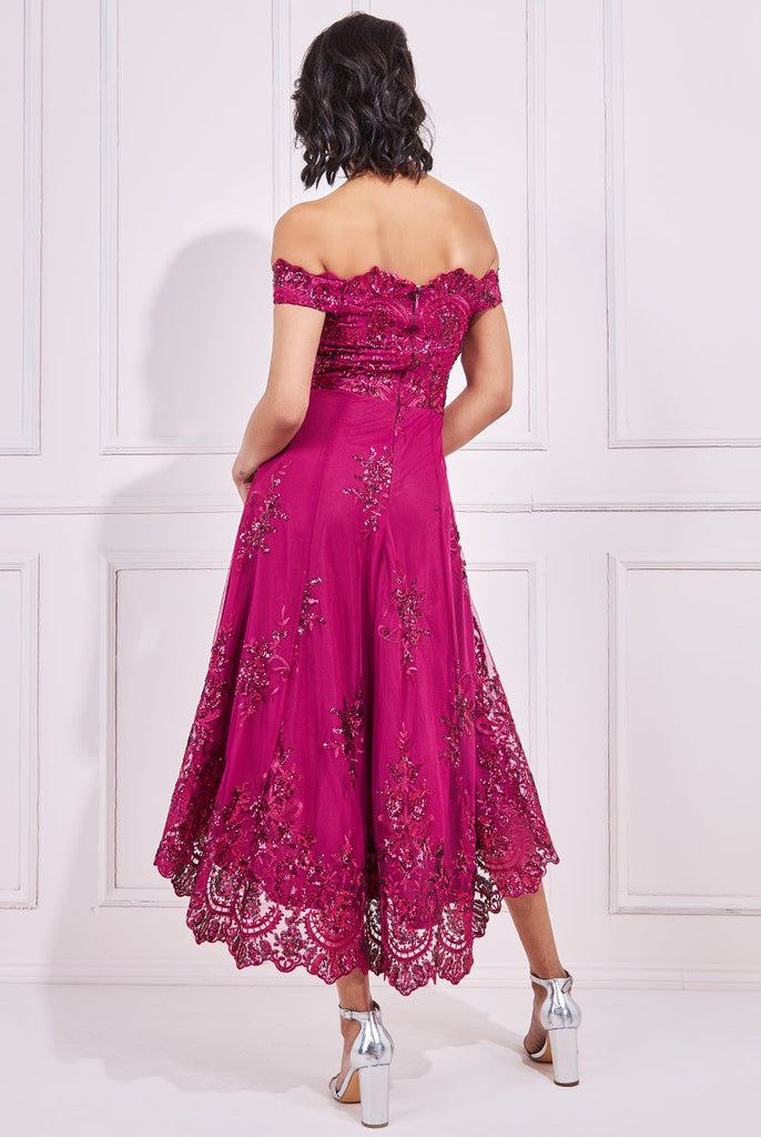Bardot Sequin & Lace High Low Midi Dress Goddiva