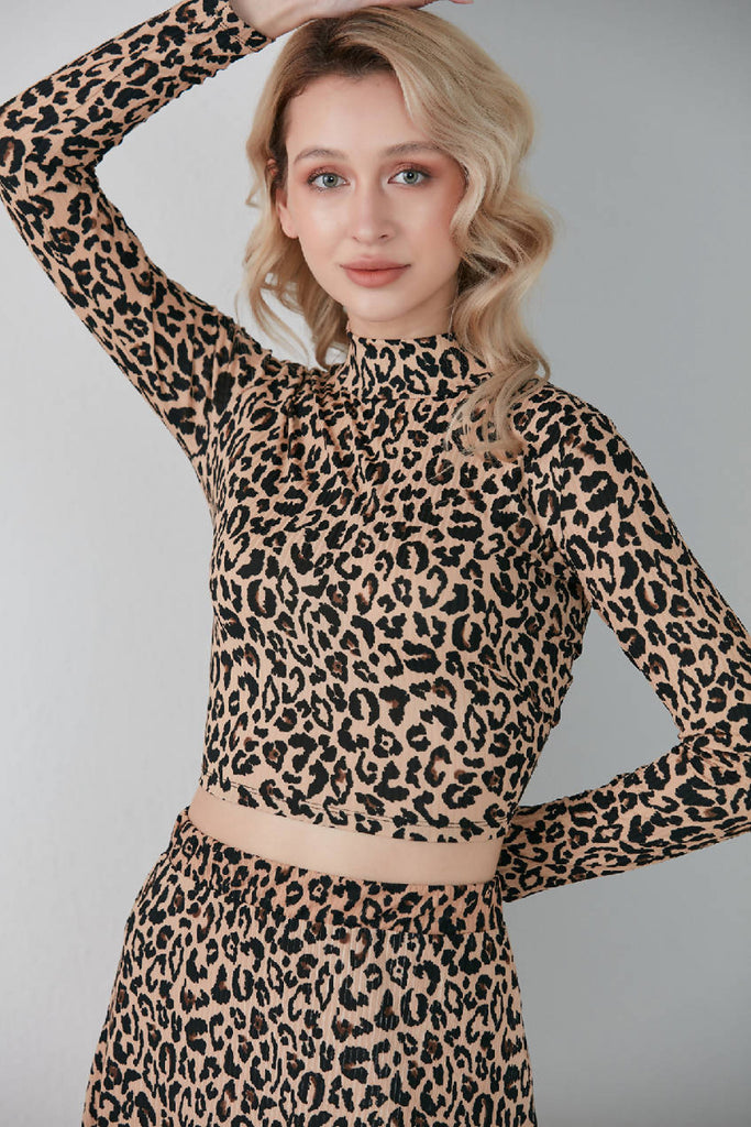 Love And Joy London High Neck Open Back Long Sleeve Top In Leopard Print Love And Joy London