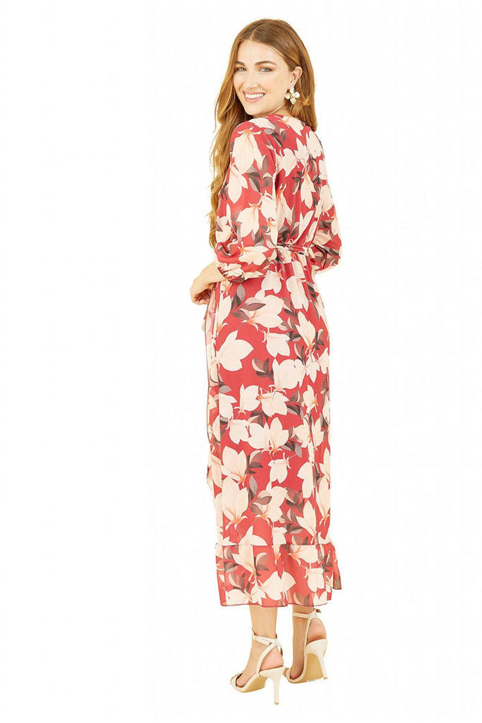 Red Blossom Wrap Midi Dress With 3/4 Sleeves Yumi