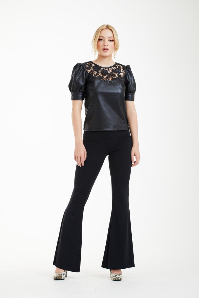 Black Vegan Leather Top With Embroidery Yoke Double Second