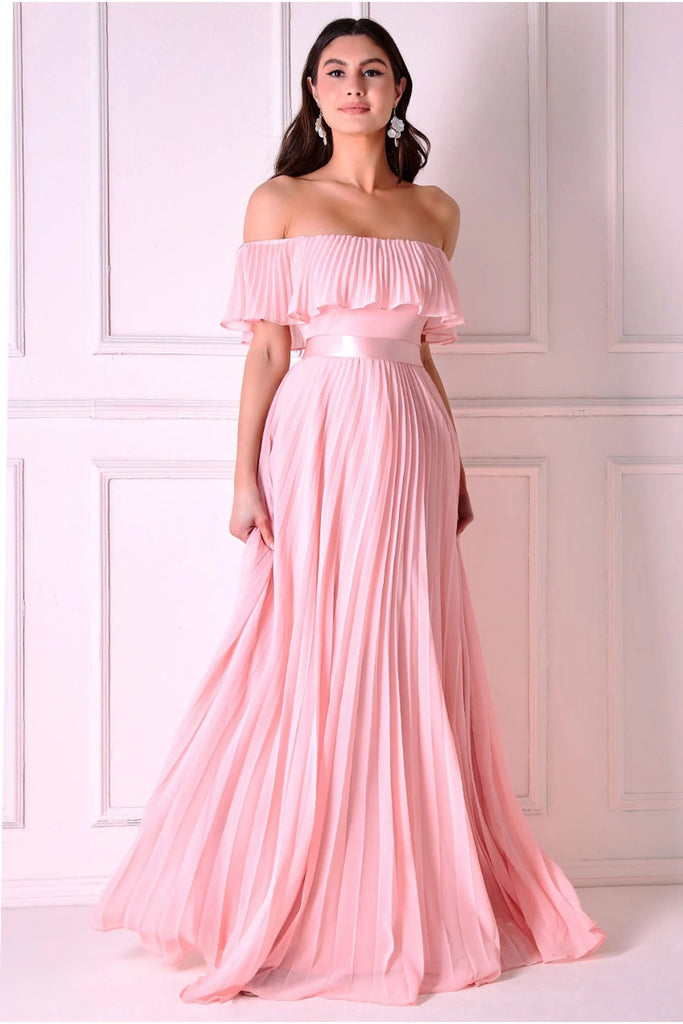 Goddiva Pleated Chiffon Off Shoulder Maxi Dress Tradegala Goddiva Pleated Chiffon Off Shoulder Maxi Dress Tradegala