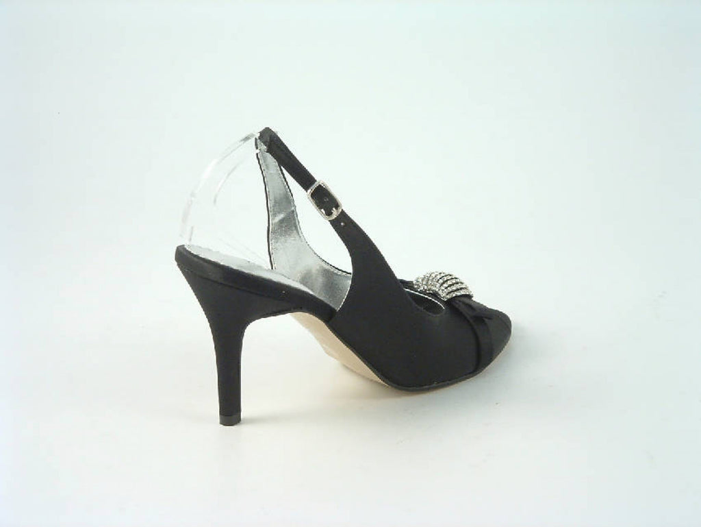 Glitz Shoes Diamante Black Satin Mid Heel Peep Toe Sling Back Shoe Glitz Shoes